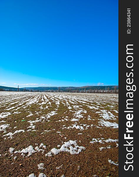 Early spring. Field of unmelted snow under the blue sky