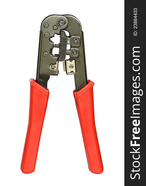 Red modular crimping tool isolated on white background