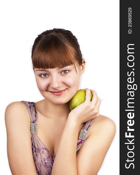 Portrait of pretty woman holding green apple isolated over white background