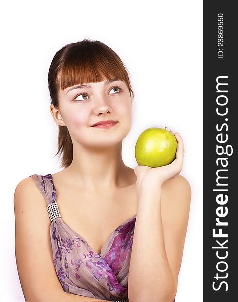 Portrait of pretty woman holding green apple isolated over white background. Portrait of pretty woman holding green apple isolated over white background