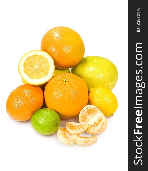 Assorted citrus fruits on a white background