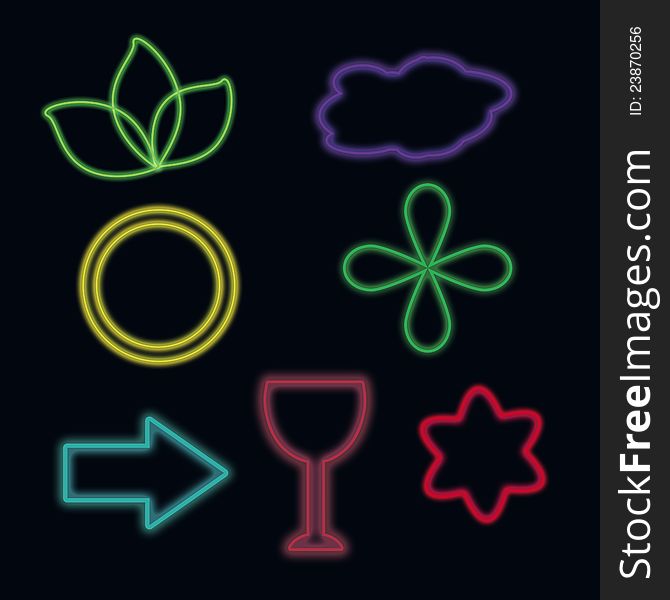 Neon elements on black background - leaves, cloud, flower, circle, goblet. Neon elements on black background - leaves, cloud, flower, circle, goblet