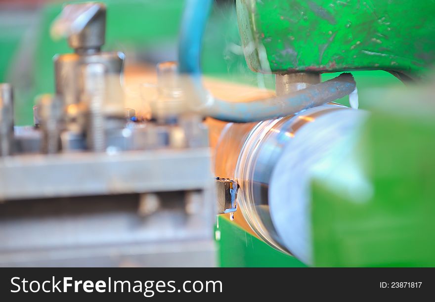 Turning lathe in action shoot inside of factory