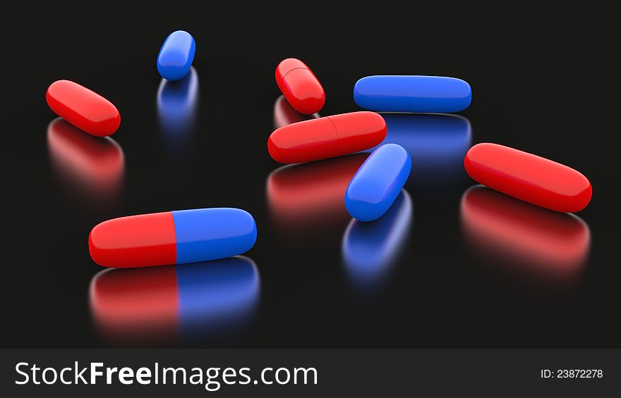 3d pills in red and blue. 3d pills in red and blue.