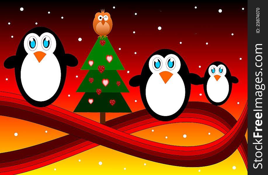 Penguins family on christmas background. Penguins family on christmas background