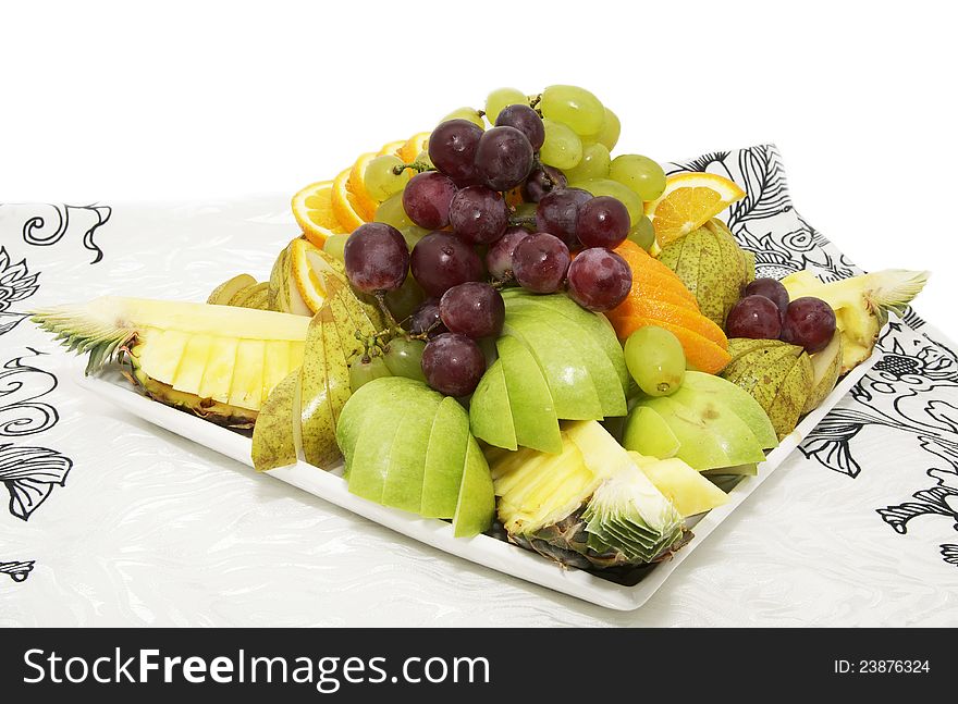 A plate of ripe fruit on a white background. A plate of ripe fruit on a white background