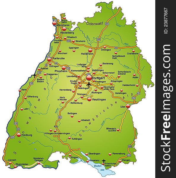 Map of Baden-Wuerttemberg with main cities and highways in green