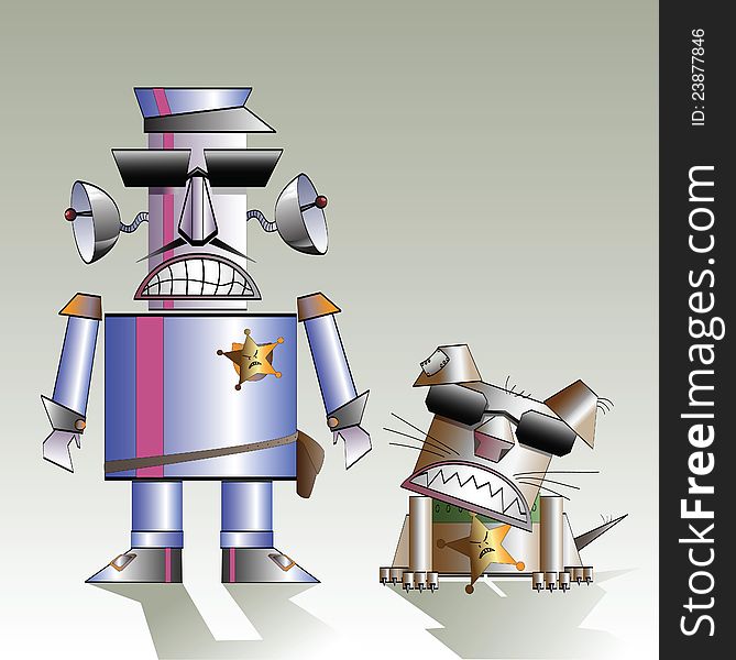 Robot policeman and his dog, a caricature. Robot policeman and his dog, a caricature