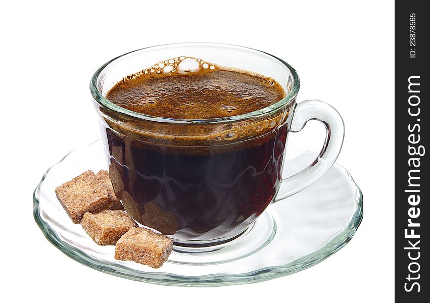 Cup of coffee with brown cane sugar, isolated on a white background