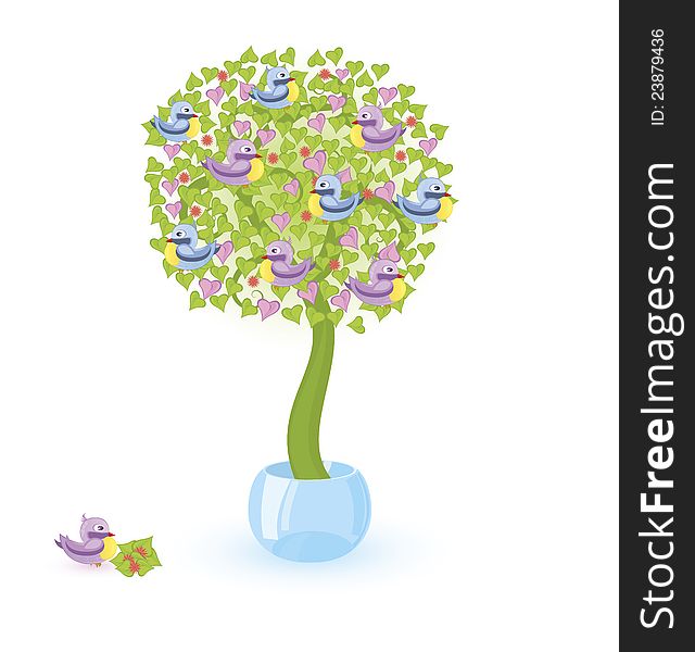 Vector illustration of a tree with blue and purple birds  growing in crystal bowl. Vector illustration of a tree with blue and purple birds  growing in crystal bowl