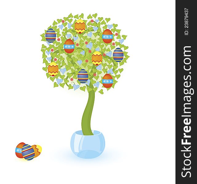 Vector illustration of a tree with Easter eggs  growing in crystal bowl