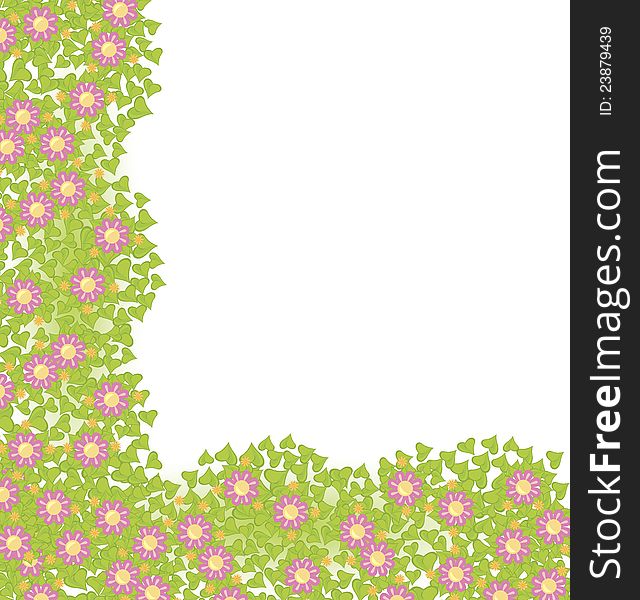 Decorative corner element with pink flowers on green leaves vector illustration