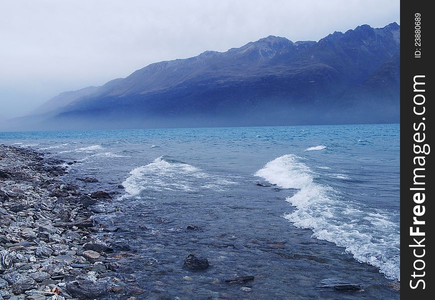 The view of lake Wakatipu in fog. The view of lake Wakatipu in fog