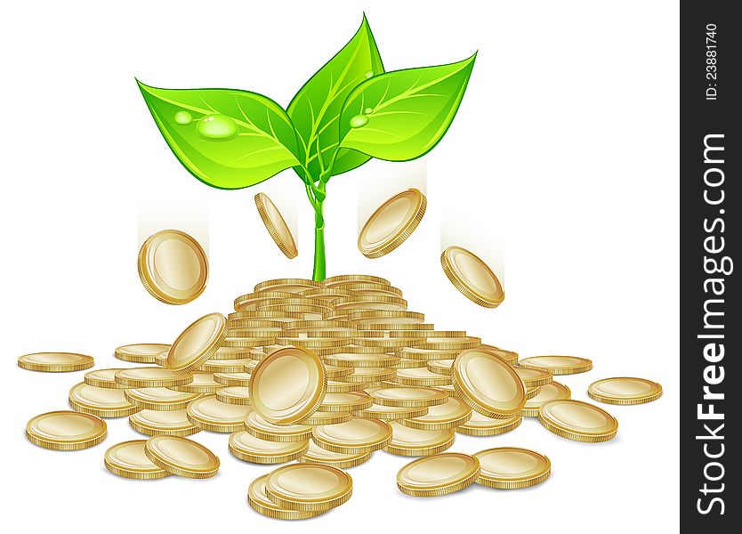 Sprout plants growing through the pile of gold coins, vector illustration. Sprout plants growing through the pile of gold coins, vector illustration