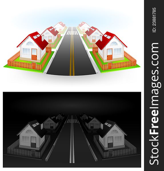 Street of residential houses with red roof and fence, vector illustration. Street of residential houses with red roof and fence, vector illustration