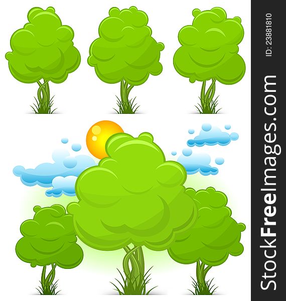 Green trees with grass and sunny sky, landscape vector illustration. Green trees with grass and sunny sky, landscape vector illustration
