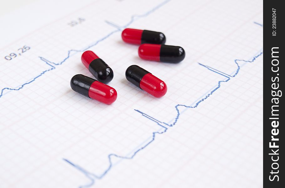 Closeup of a heart rate monitor printout with pills. Closeup of a heart rate monitor printout with pills