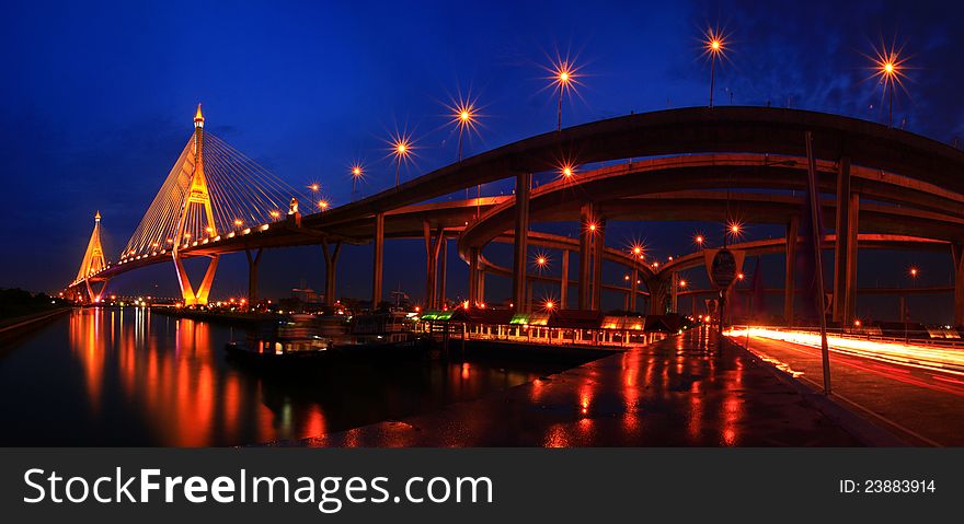 Bhumibol Bridge in Thailand, also known as the Industrial Ring Road Bridge, in Thailand. The bridge crosses the Chao Phraya River twice.