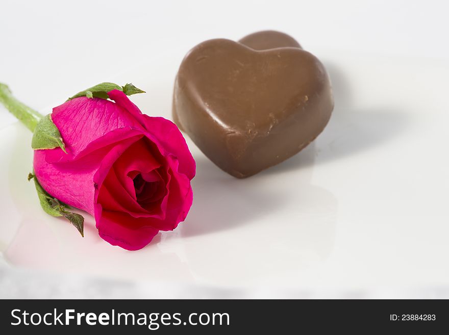 Chocolate heart and rose in the Valentine's Day, white background. Chocolate heart and rose in the Valentine's Day, white background