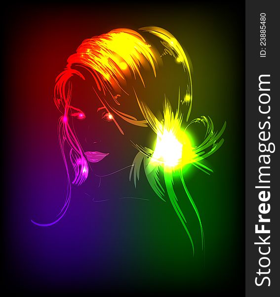 Hand-drawn fashion model from a neon. A light girl face.