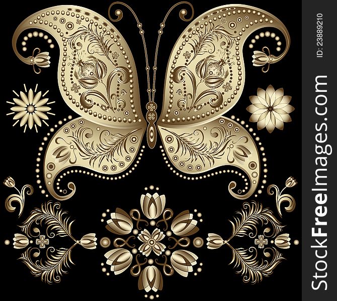 Set gold vintage butterfly and flowers on black ()