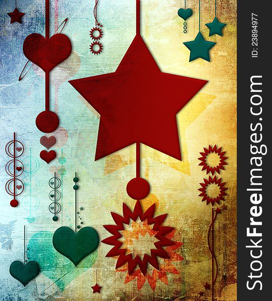 Abstract colorful design featuring hearts and stars