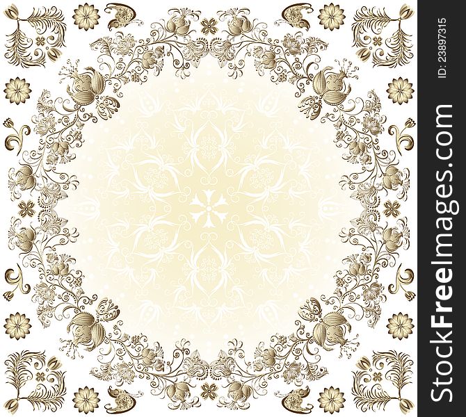 Gold easter round frame with vintage floral border and butterflies (vector)