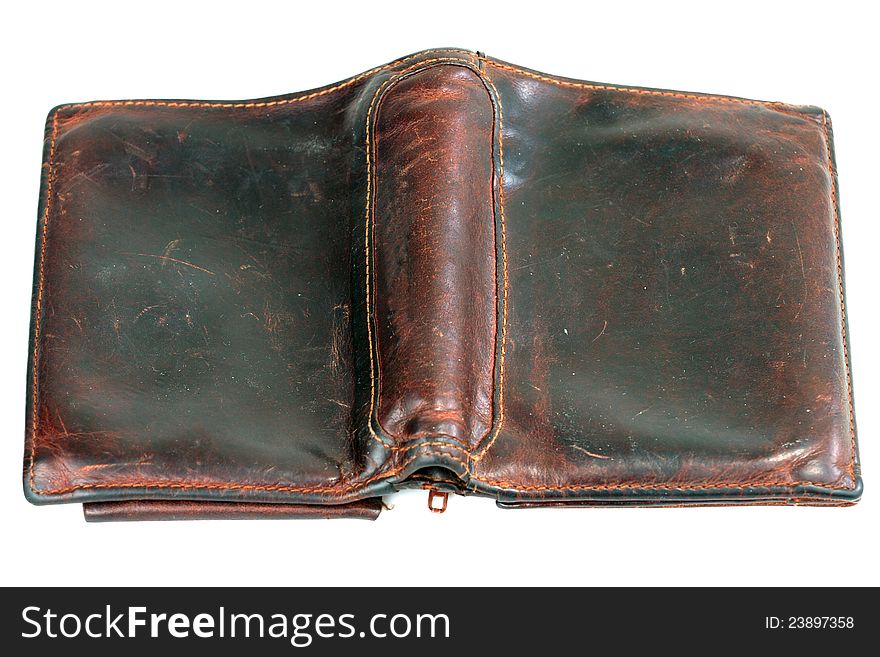 Old brown leather purse on white background. Old brown leather purse on white background