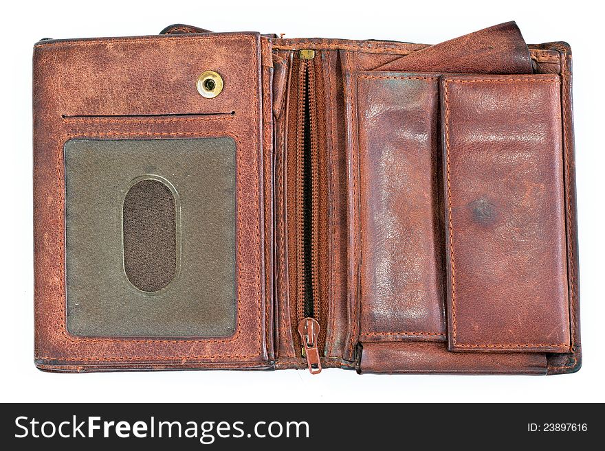 Old brown leather purse on white background. Old brown leather purse on white background