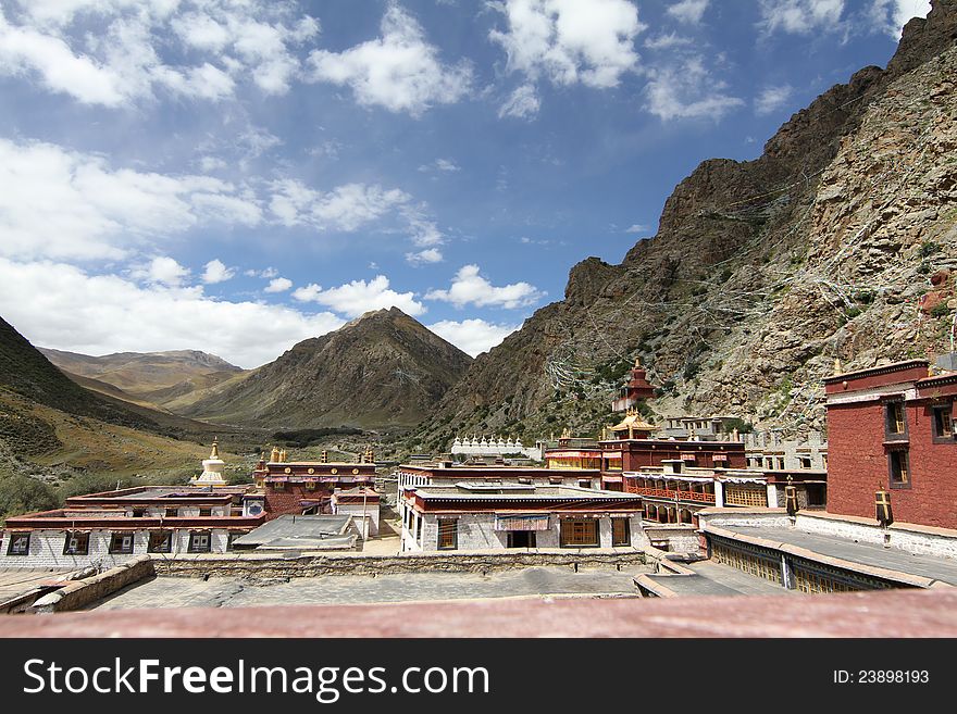 Ancient Buddhist monastery in the mountains of Tibet, China. Ancient Buddhist monastery in the mountains of Tibet, China