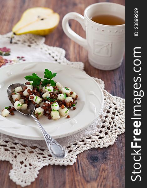 Lentil and pear salad, selective focus