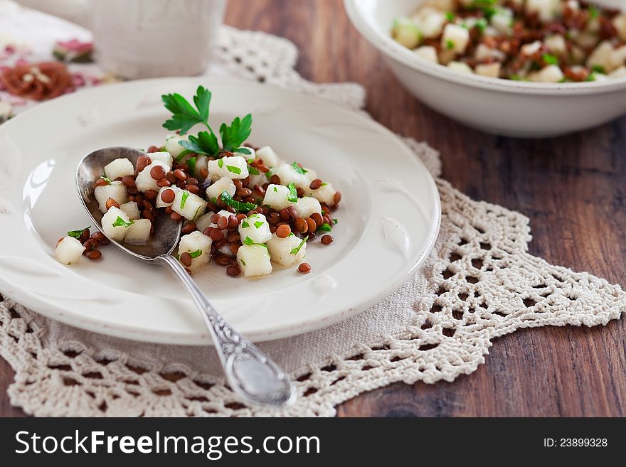 Lentil and pear salad, selective focus