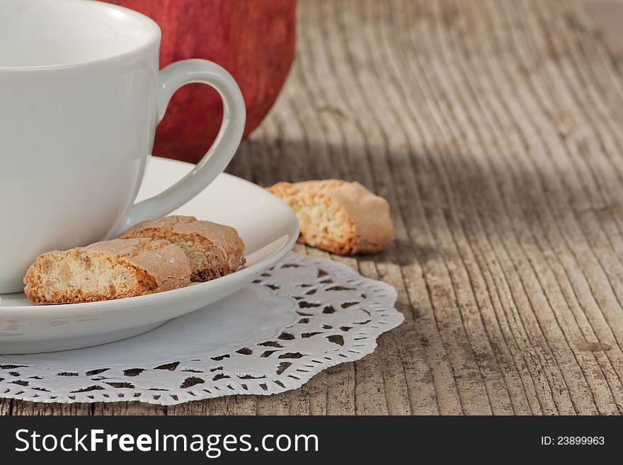 Traditional italian cantuccini cookies and a cup of coffee