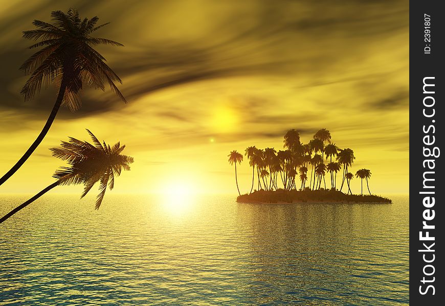 Sunset coconut palm trees on small island - 3d illustration.