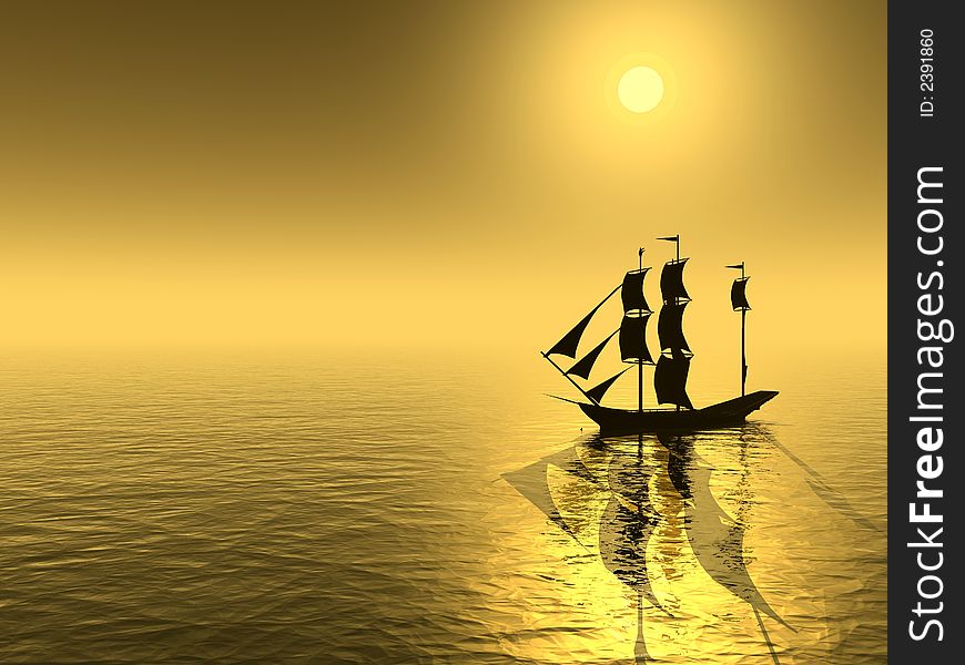 Ship and  sunset  sky - 3d landscape scene . Ship and  sunset  sky - 3d landscape scene .