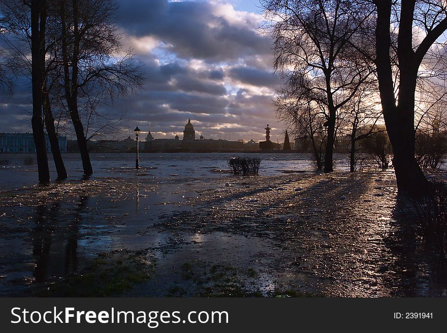 Flood of the river Neva as a result of a strong wind