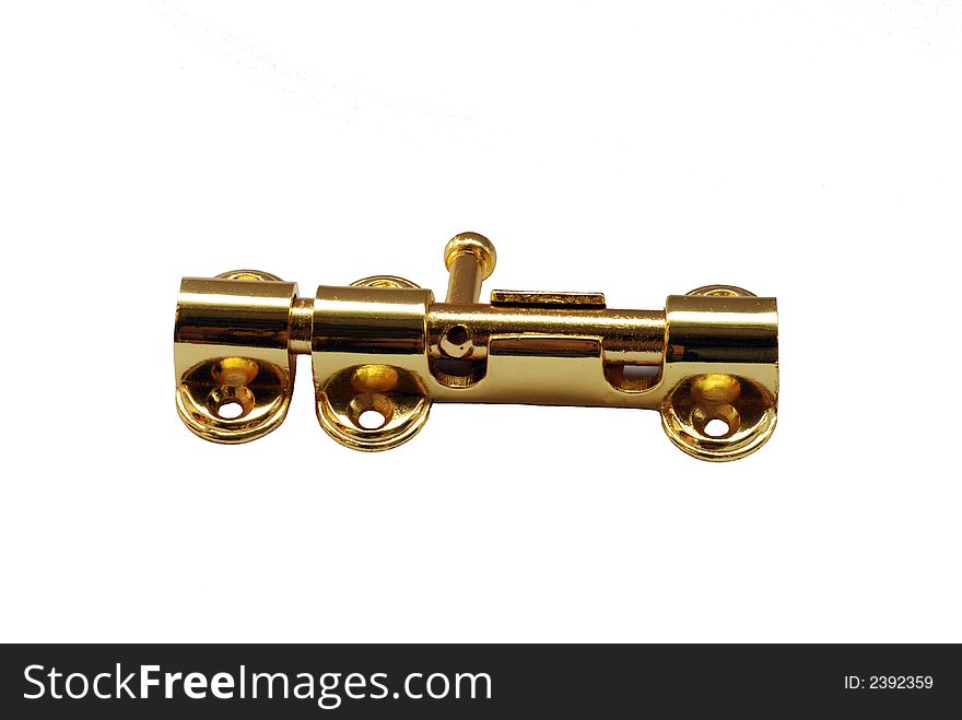 Golden-colored metallic latch on white background, closed. Golden-colored metallic latch on white background, closed.