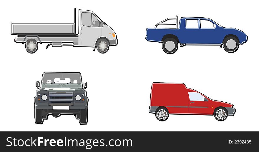 Illustrations of four diferent vans / trucks / jeep. Illustrations of four diferent vans / trucks / jeep