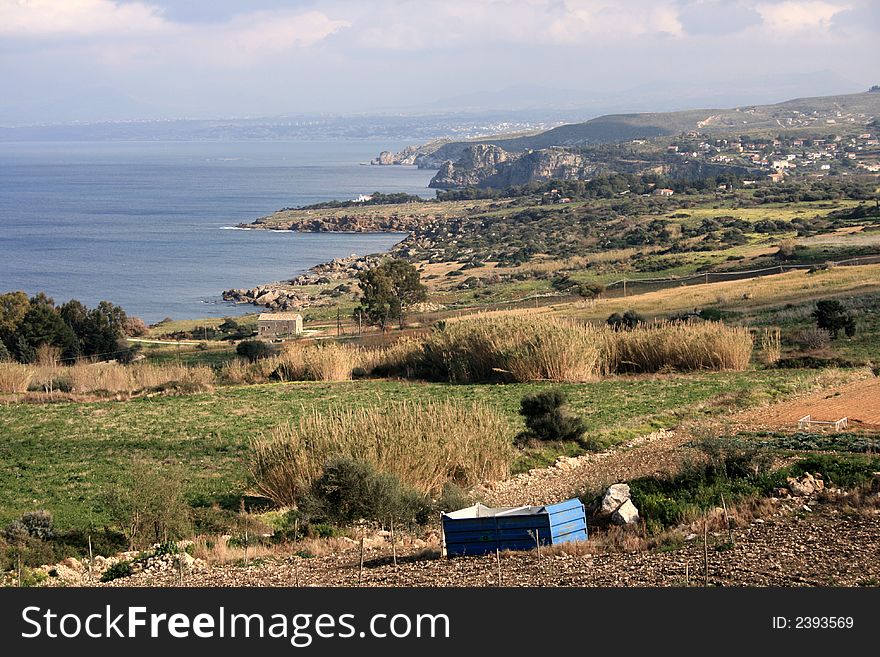 Landskape. Mediterranean coast & country.  Cultivations. Fields and meadows- Sicily. Italy