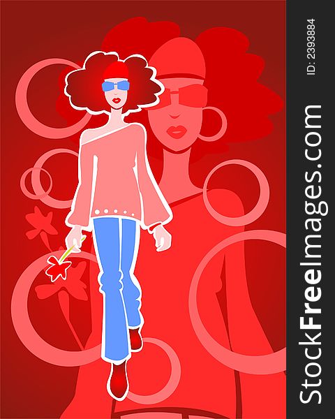 The girl with a flower in a hand on a red background with circles and a shadow. The girl with a flower in a hand on a red background with circles and a shadow.