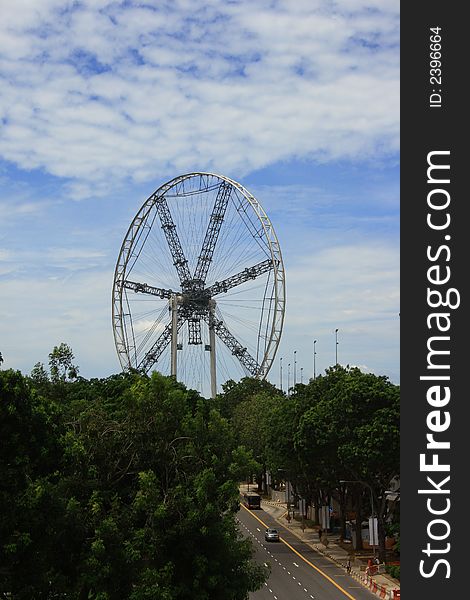 A far view of Singaping Singapore Flyer which still in construction state.