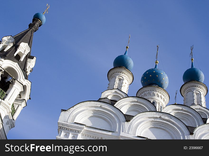 Orthodox church of a man's monastery in the dark blue sky in the solar morning, Russia, Murom/. Orthodox church of a man's monastery in the dark blue sky in the solar morning, Russia, Murom/