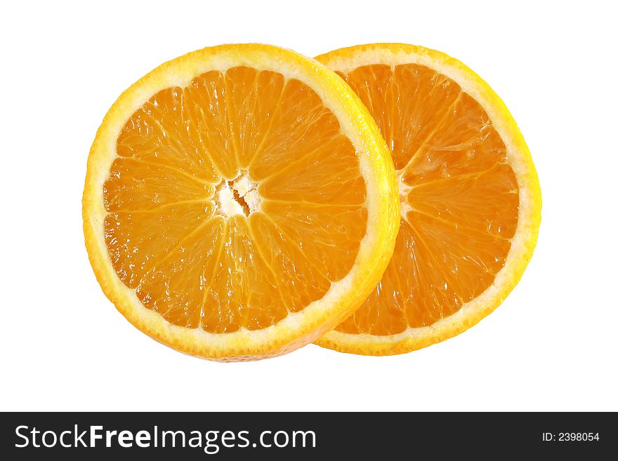 The inside of two juicy oranges