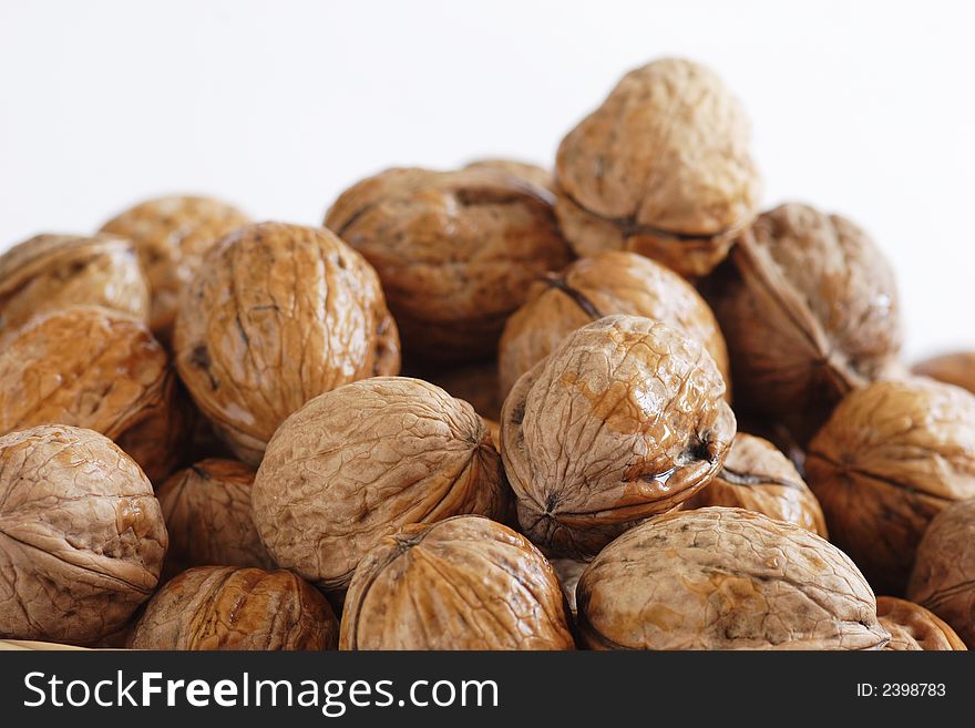 Wet walnuts placed one on other