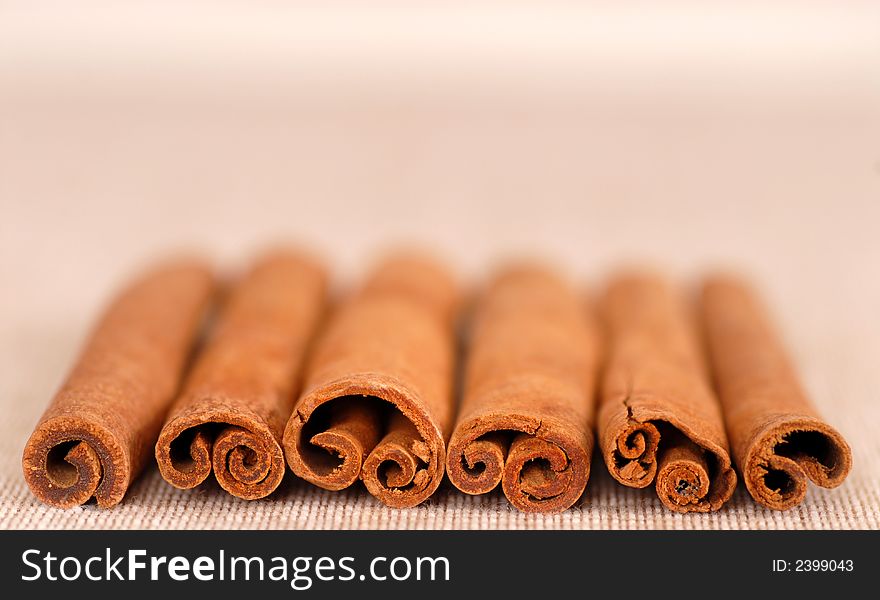 Several cinnamon sticks laying in a row with shallow depth of field