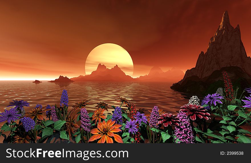 Beautiful tropical scene with flowers as the foreground