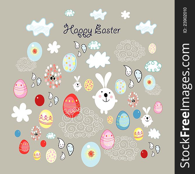 Funny Easter card with colored eggs and rabbits on a brown background with clouds. Funny Easter card with colored eggs and rabbits on a brown background with clouds