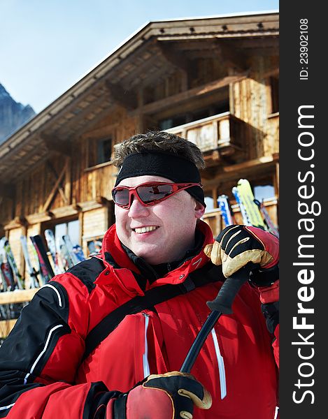 Cheerful men in ski resort