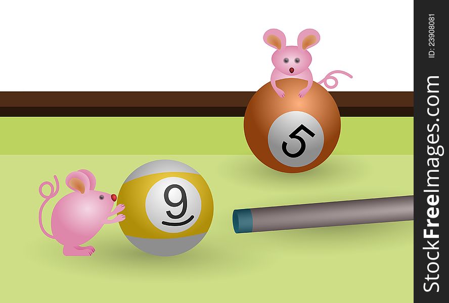 Cute cartoon illustration of two mouse on a billiard table. Cute cartoon illustration of two mouse on a billiard table