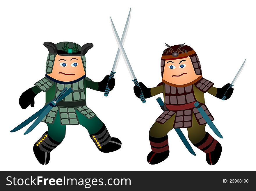 Cartoon illustration of two samurai warriors fighting. Cartoon illustration of two samurai warriors fighting